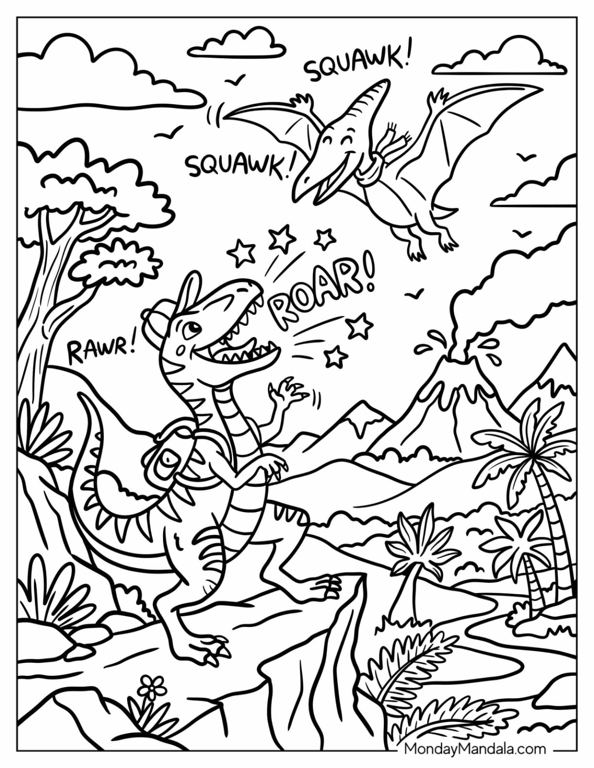 Backpack Velociraptor Roaring at a Pterodactyl Coloring Sheet