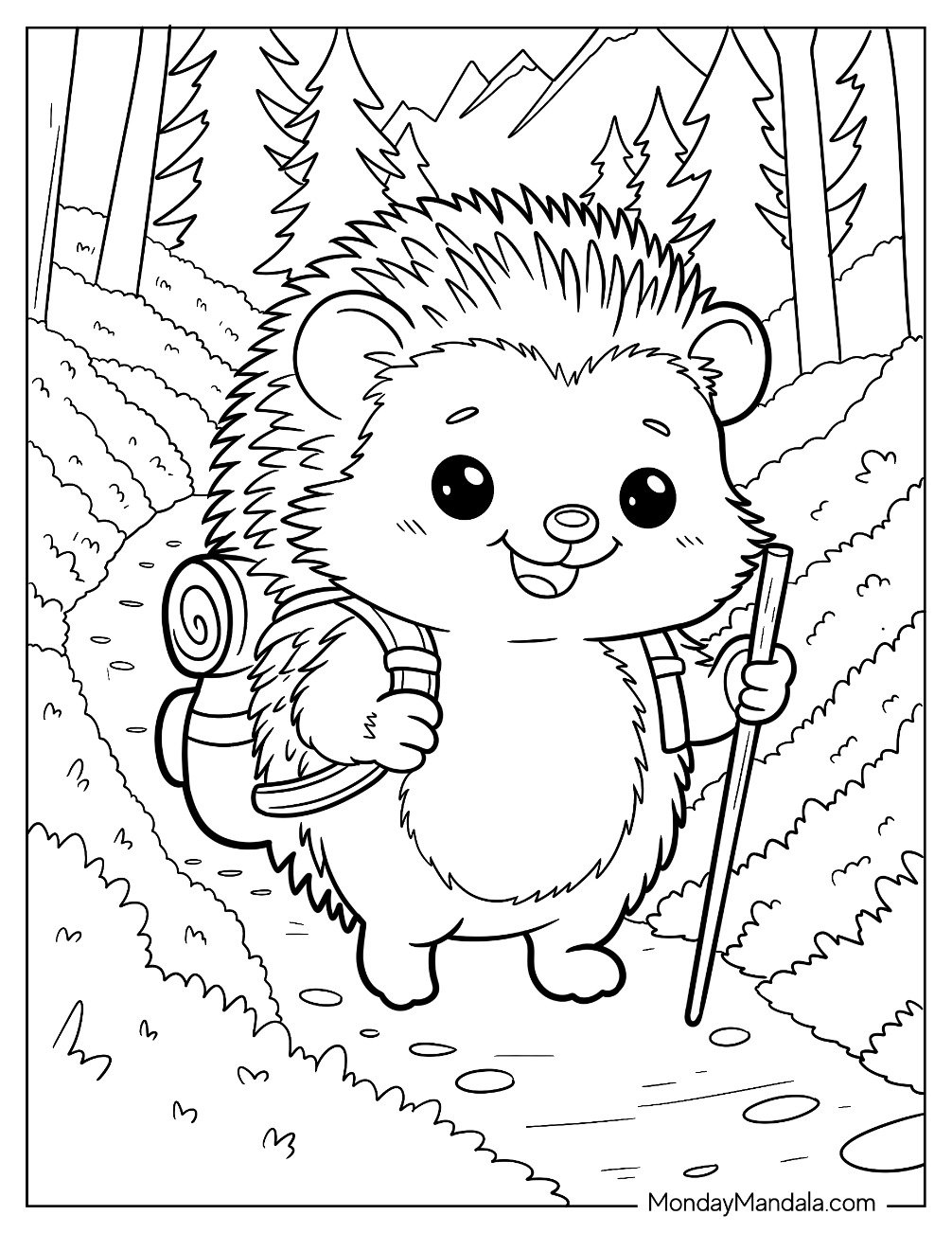 Backpacking Hedgehog Coloring Page with Walking Stick for Kids