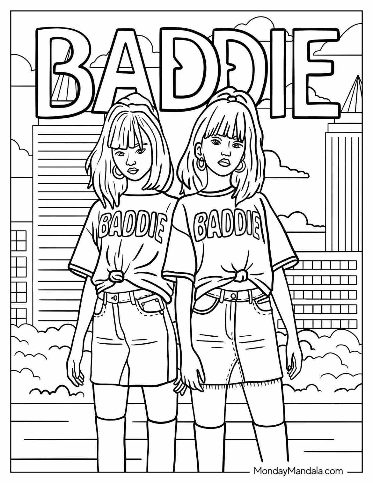 Baddie Coloring Page City Girls in Matching Outfits