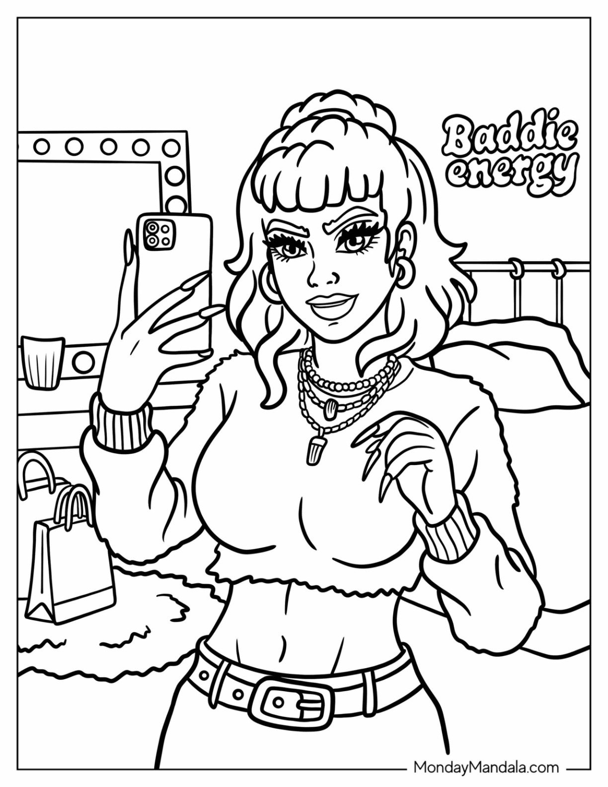 Baddie Coloring Page Taking a Mirror Selfie