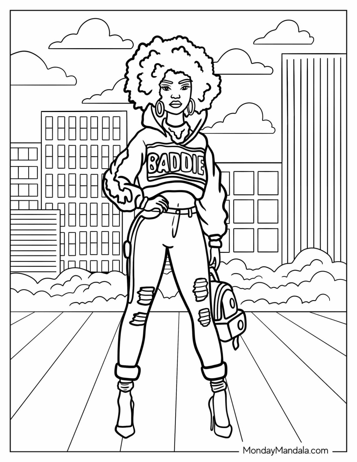 Baddie Coloring Page with Afro and Chic Fit in the City