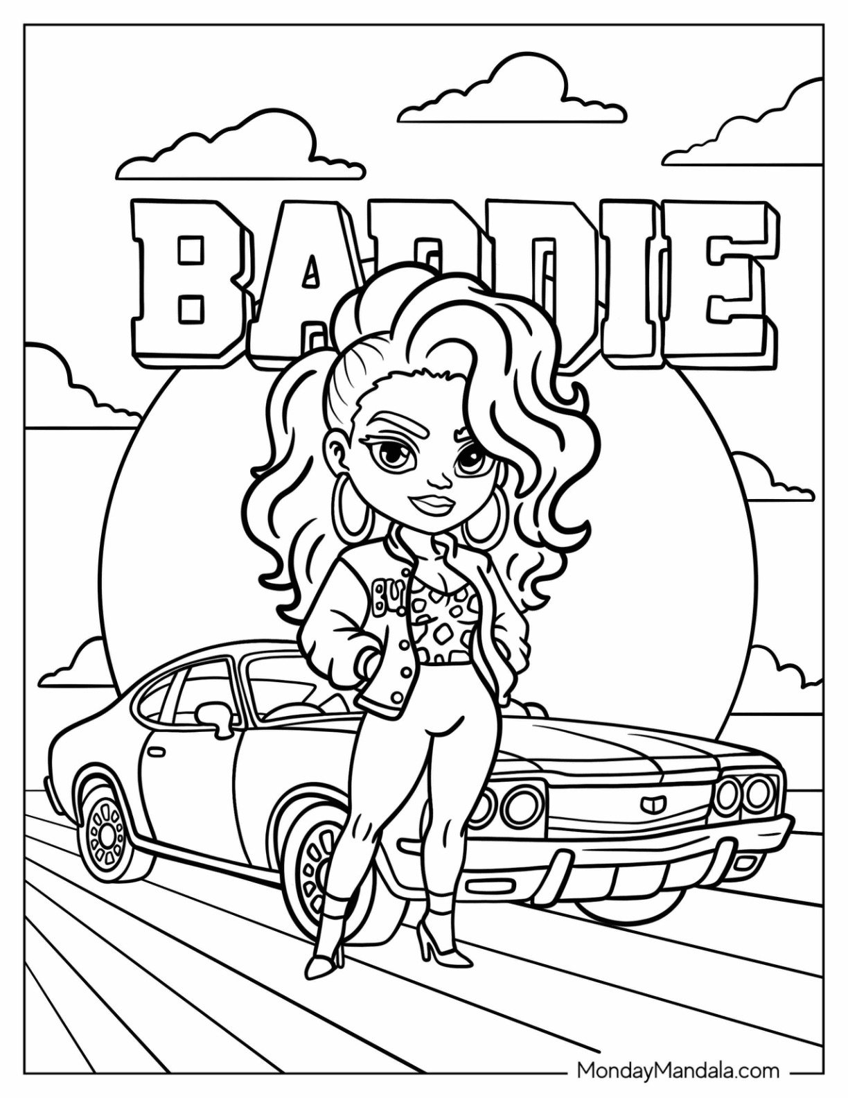 Baddie Coloring Page with Big Hair in Front of Sports Car for Kids