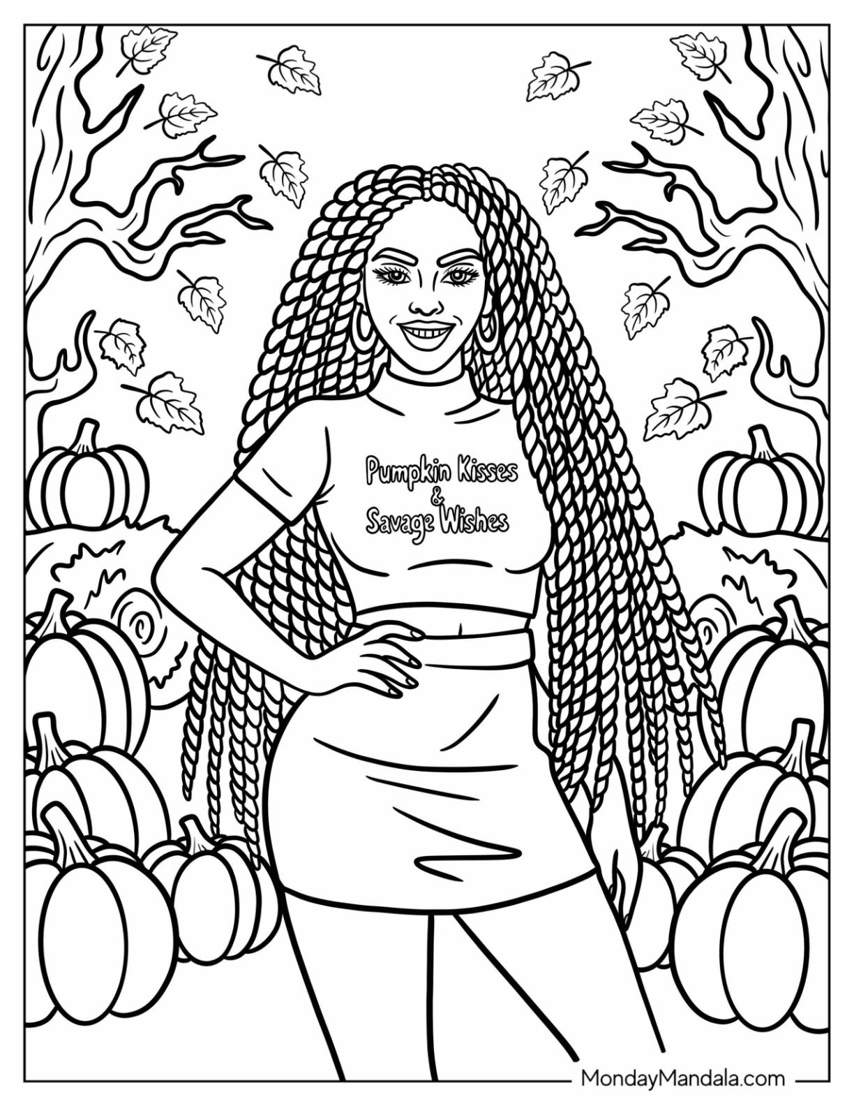 Baddie Coloring Page with Dreadlocks Posing with Autumn Pumpkins