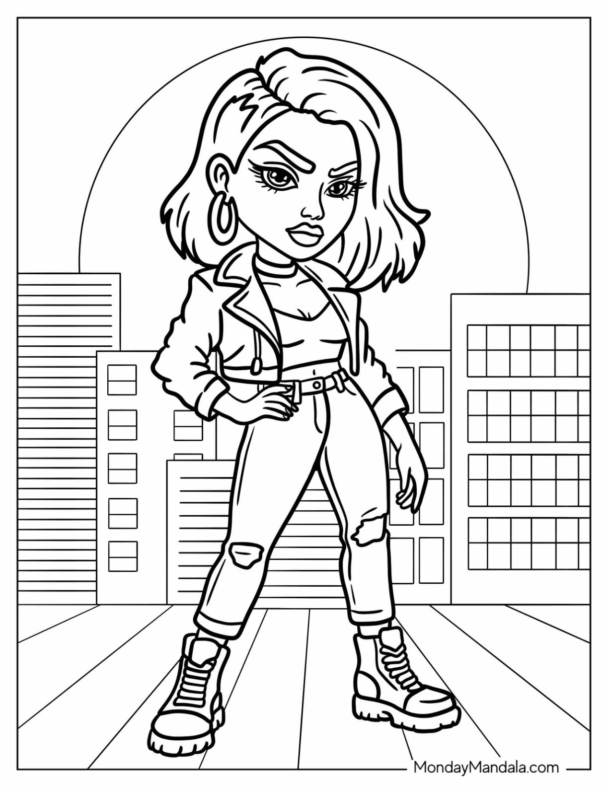 Baddie Coloring Page with Hoop Rings and Ripped Jeans for Kids