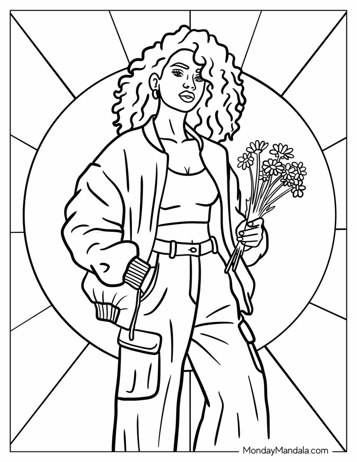 Baddie Coloring Page with Wild Curly Hair Holding Flowers