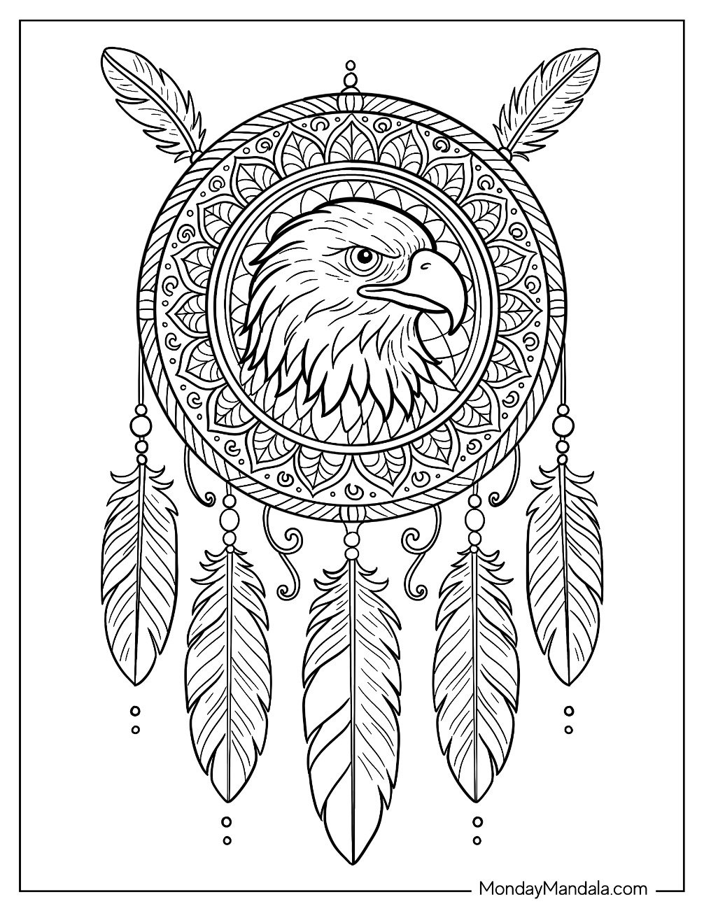 Bald Eagle Coloring Page Mandala Dreamcatcher with Feathers