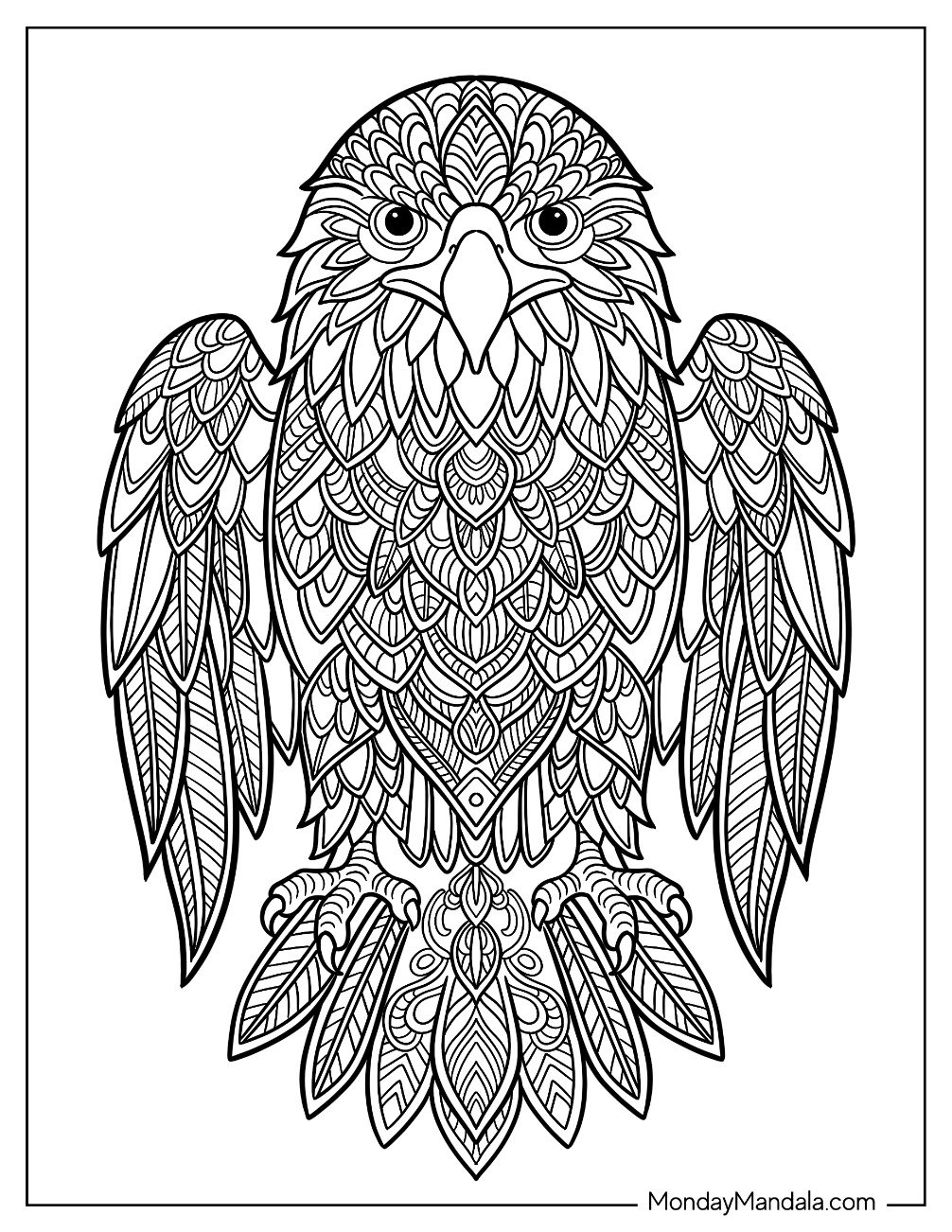 Bald Eagle Coloring Page Mandala with Feather Patterns