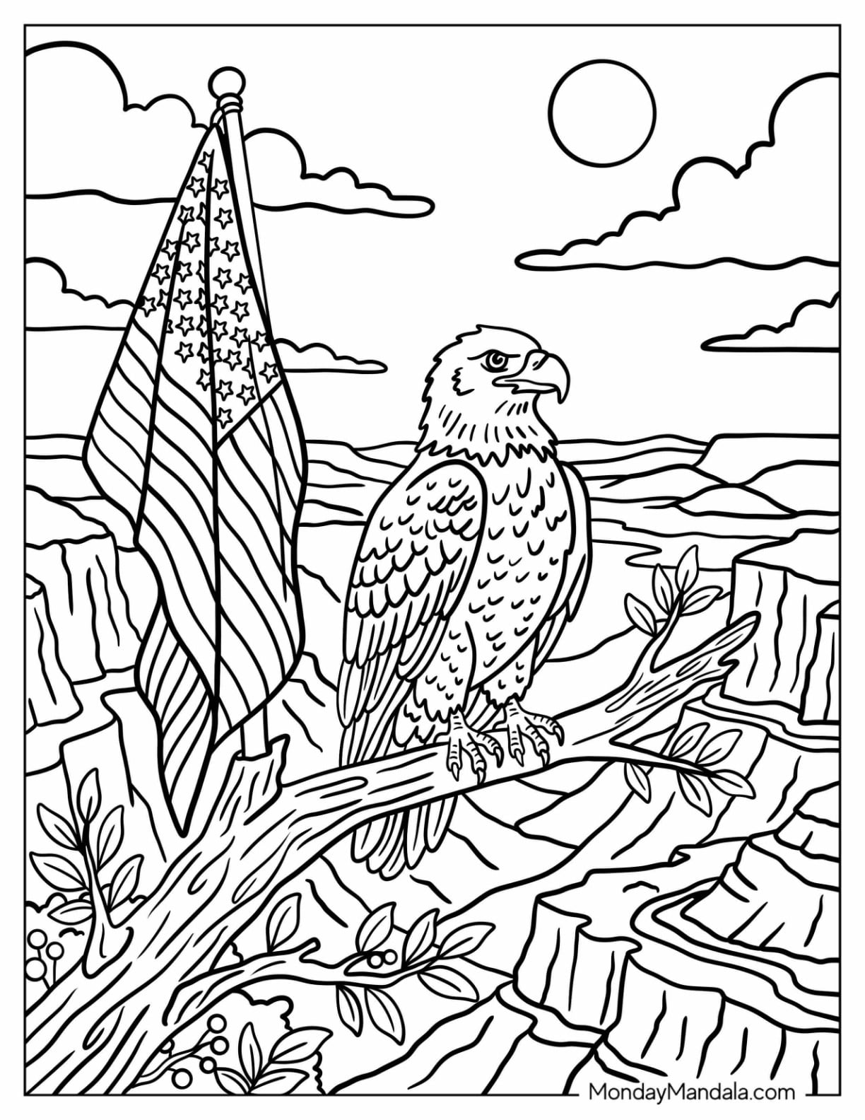 Bald Eagle Perched Beside an American Flag in a Canyon Coloring Sheet