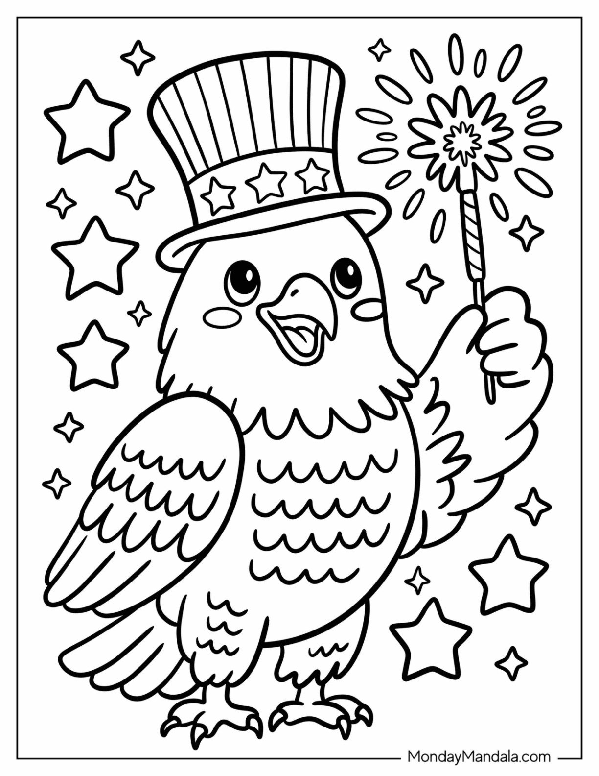 Bald Eagle in Uncle Sam Hat Holding Sparkler 4th of July Coloring Page for Kids