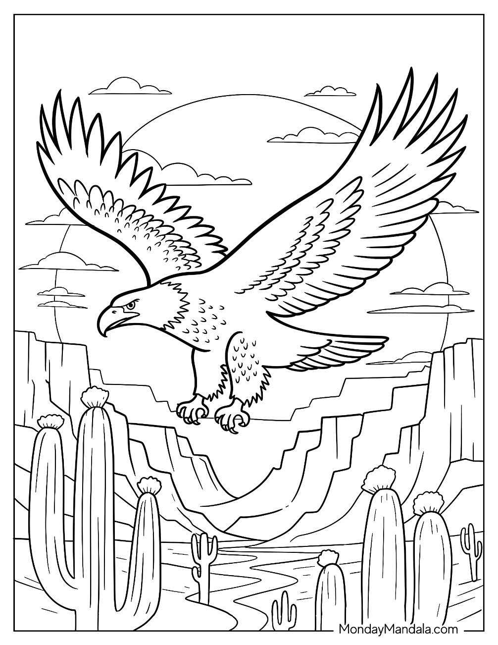 Bald Eagle Coloring Page with Massive Wings Soaring in the Desert