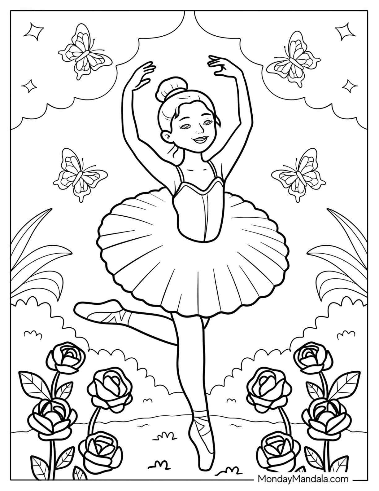 Ballerina Coloring Page Dancing Among Butterflies and Roses