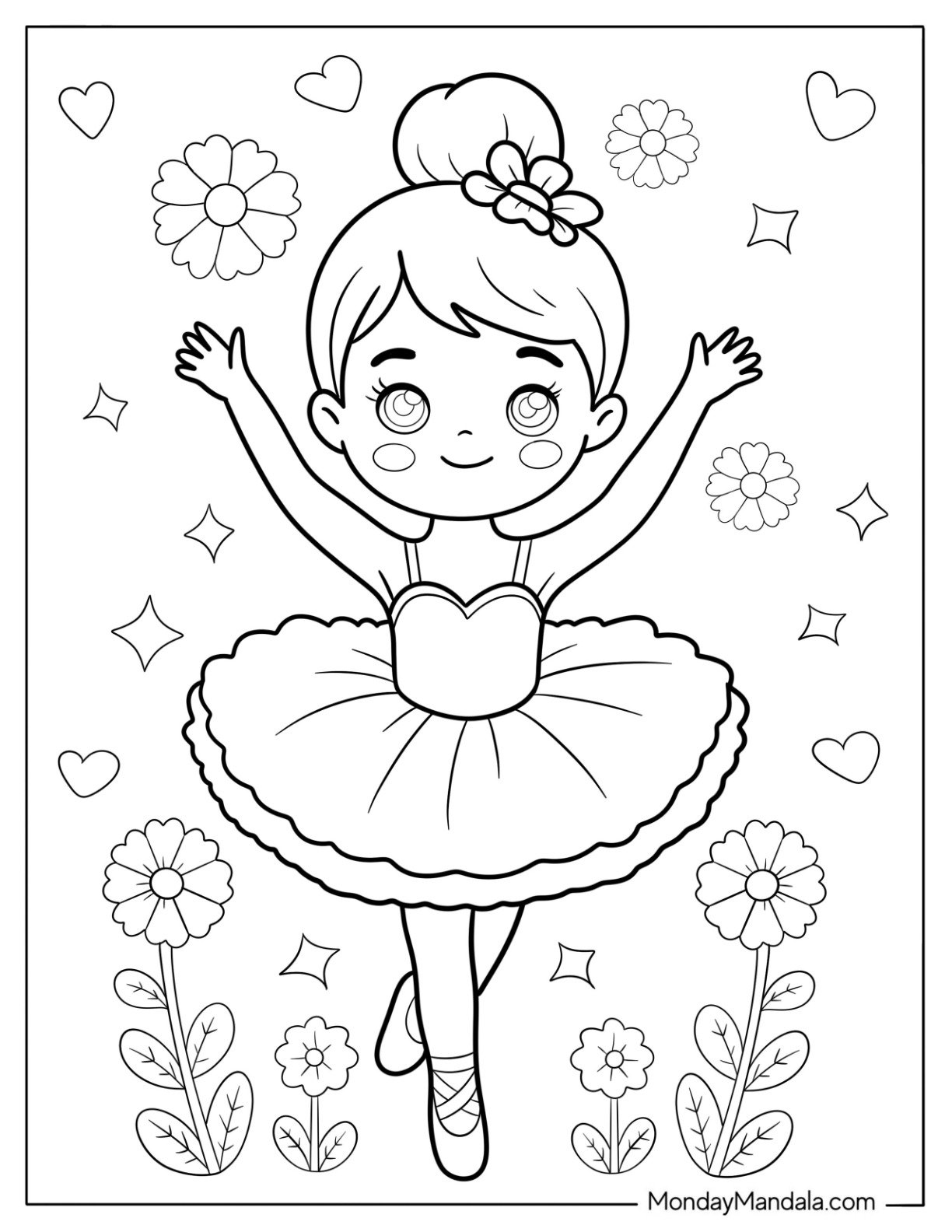 Ballerina Coloring Page Dancing Among Flowers and Hearts For Kids