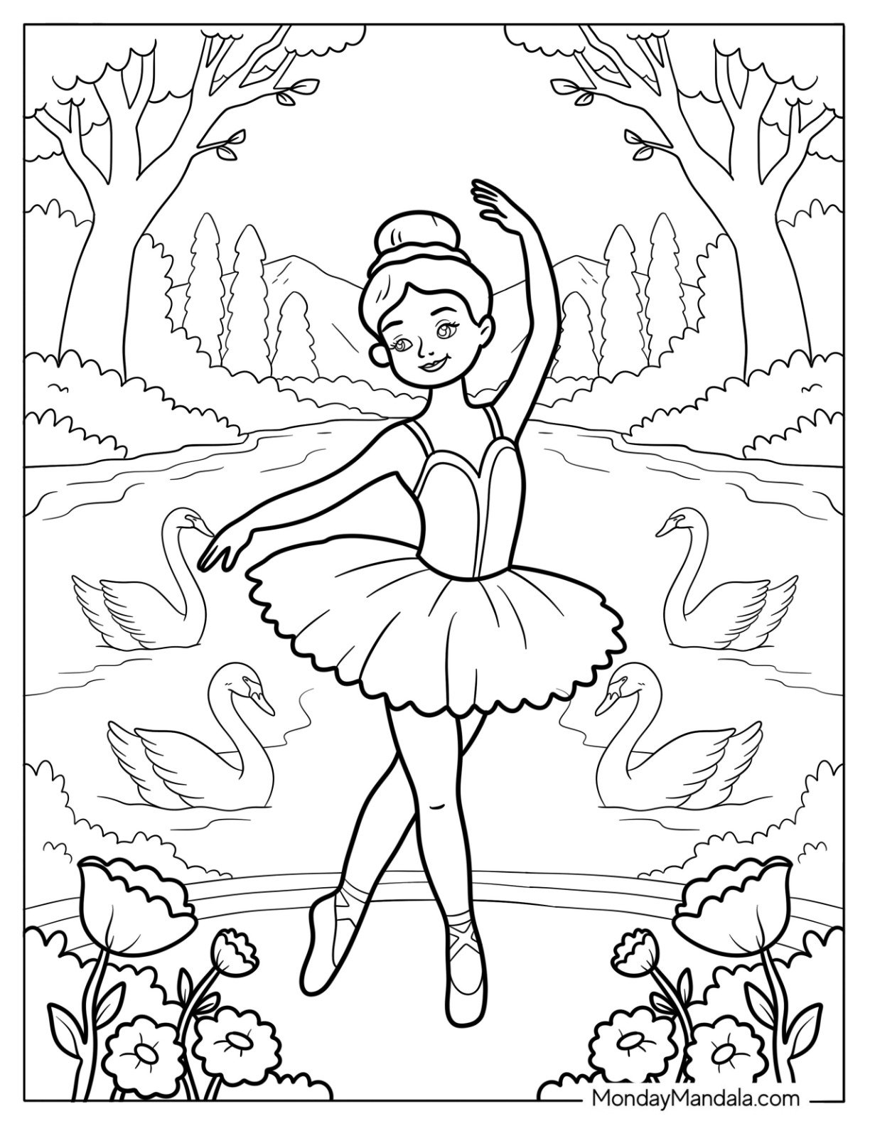Ballerina Coloring Page Dancing Gracefully by the Lake With Swans