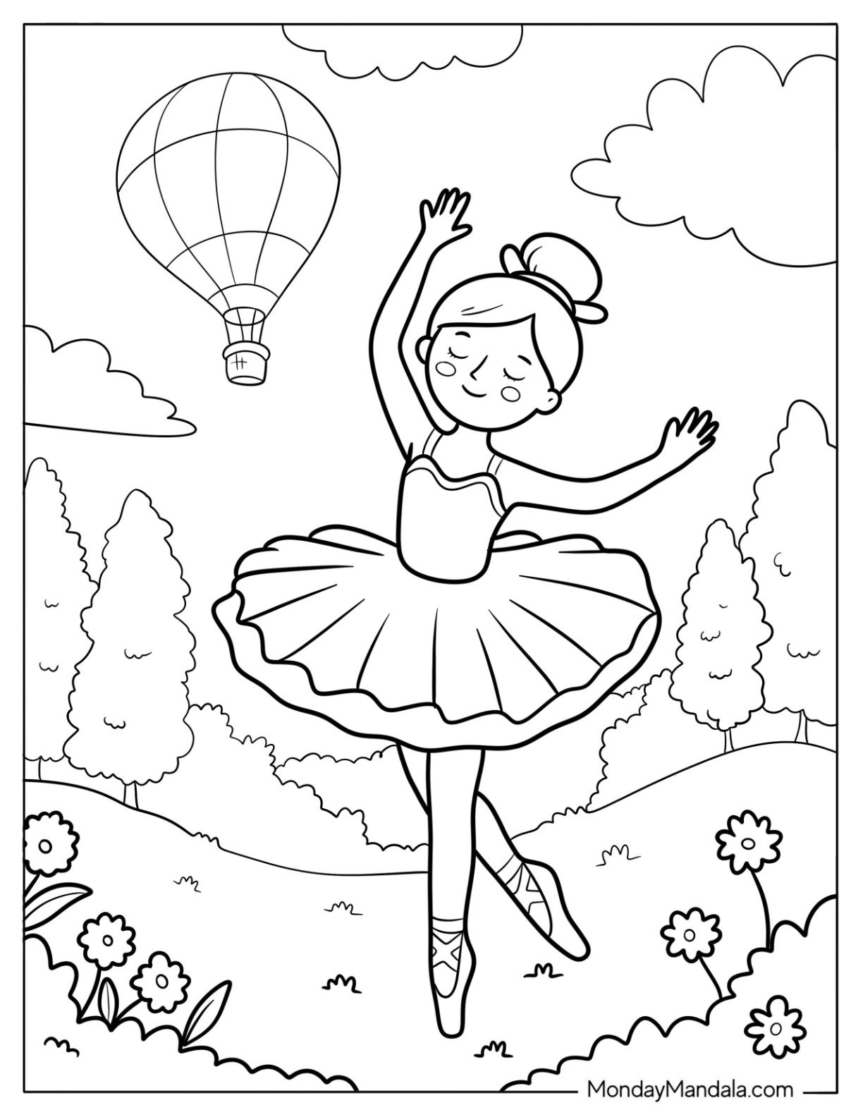Ballerina Coloring Page of Dancing in a Meadow With Hot Air Balloon in the Air