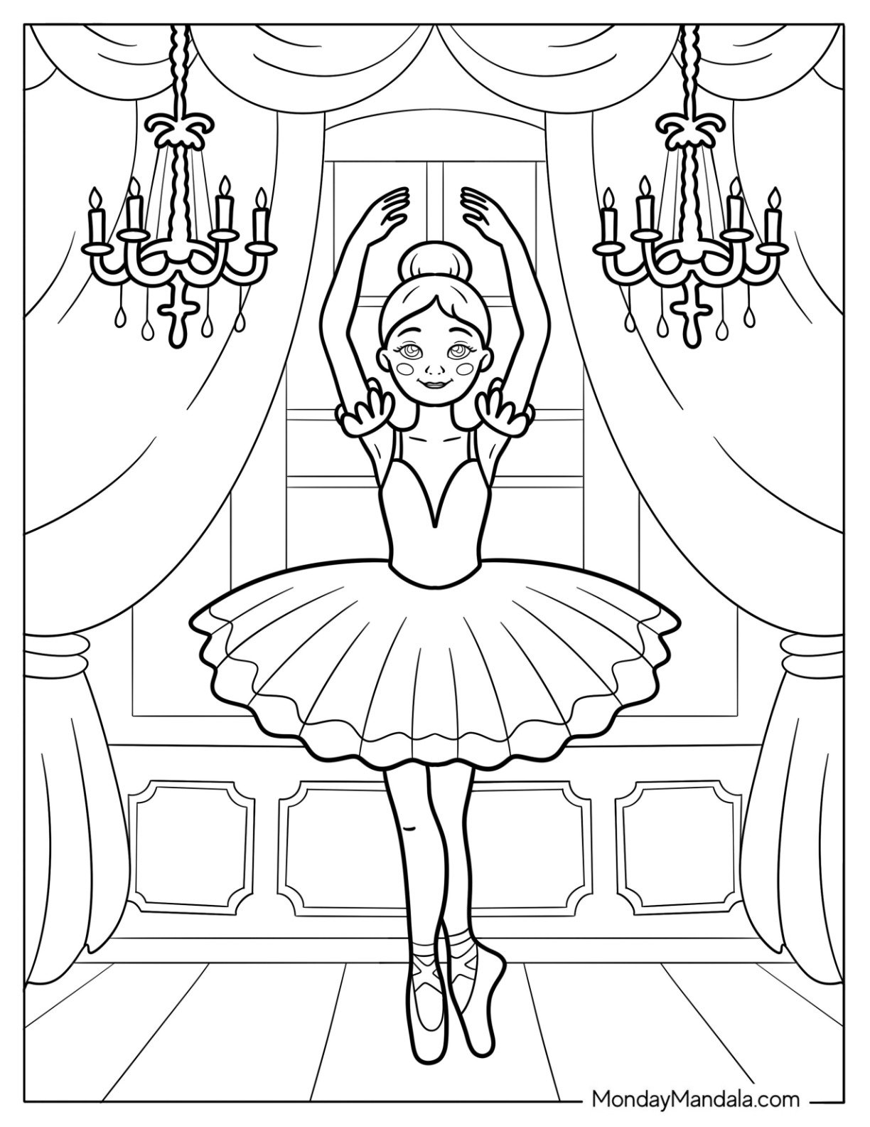 Ballerina Coloring Page Holding First Position on a Stage With Chandeliers