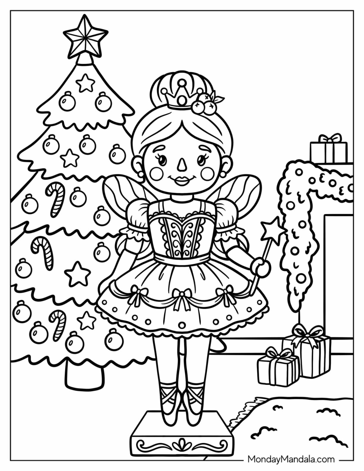 Ballerina Nutcracker Holding a Star Wand by a Christmas Tree Coloring Sheet