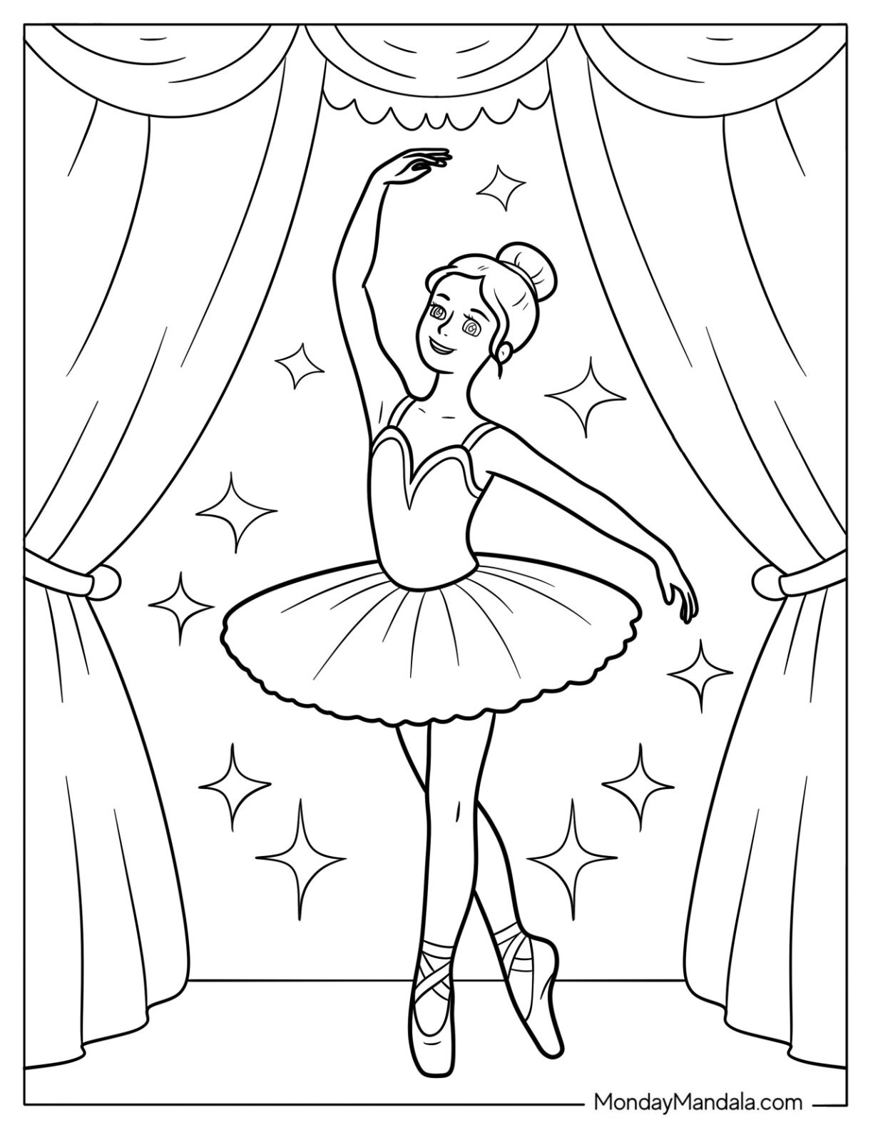 Ballerina Coloring Page Performing on Stage Beneath Elegant Curtains