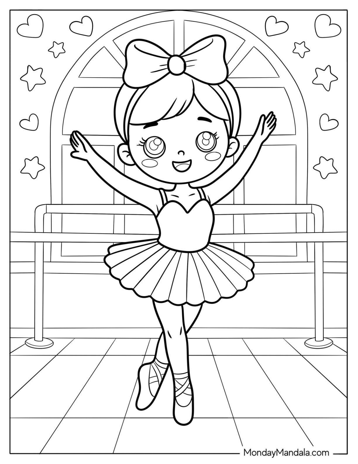 Ballerina Coloring Page Practicing Dance Moves Near Window Arch For Kids