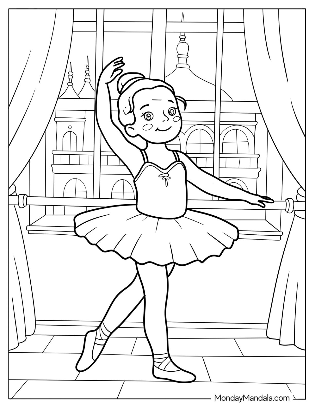 Ballerina Coloring Page Practicing at the Barre With Theater Window View