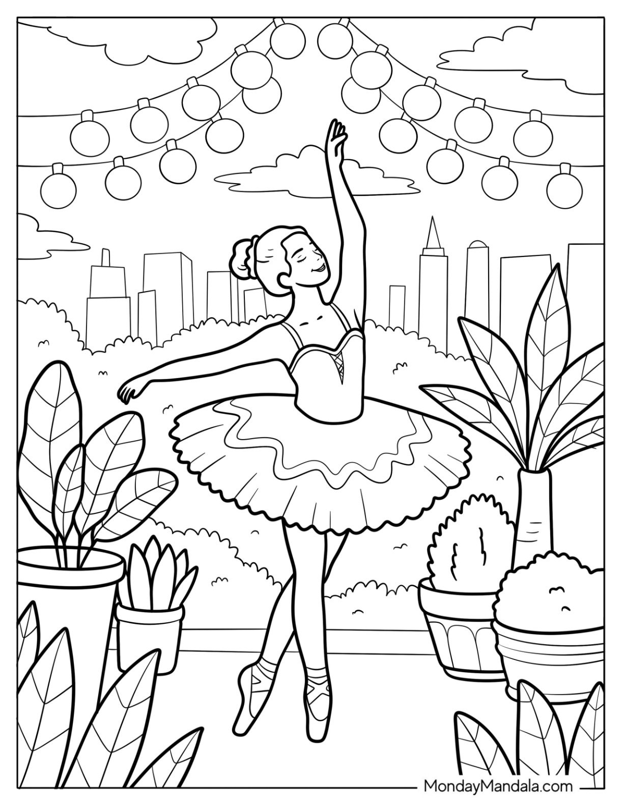 Ballerina Coloring Page in City Garden With Skyline and Hanging Lanterns
