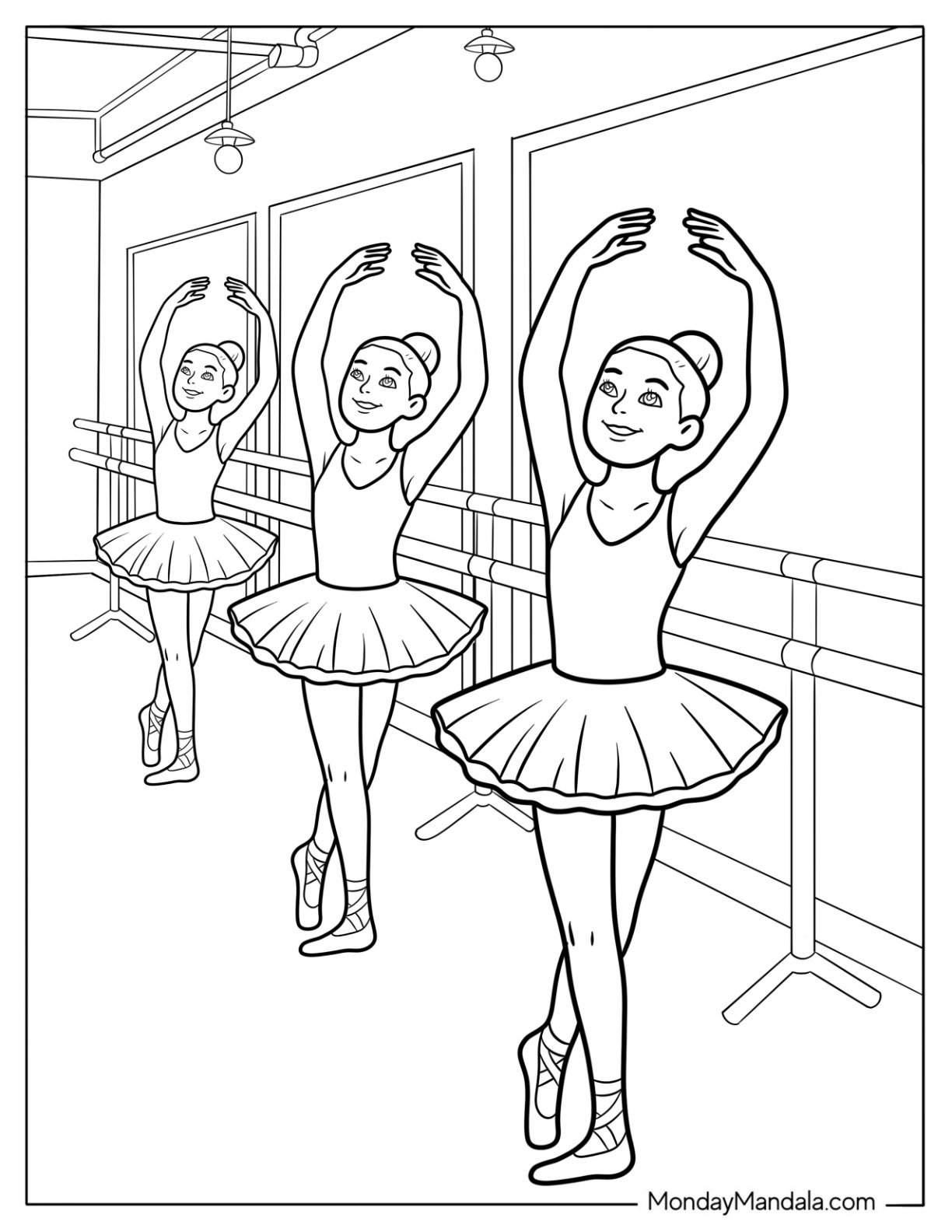 Ballerina Coloring Page of Practicing at the Barre in Dance Studio