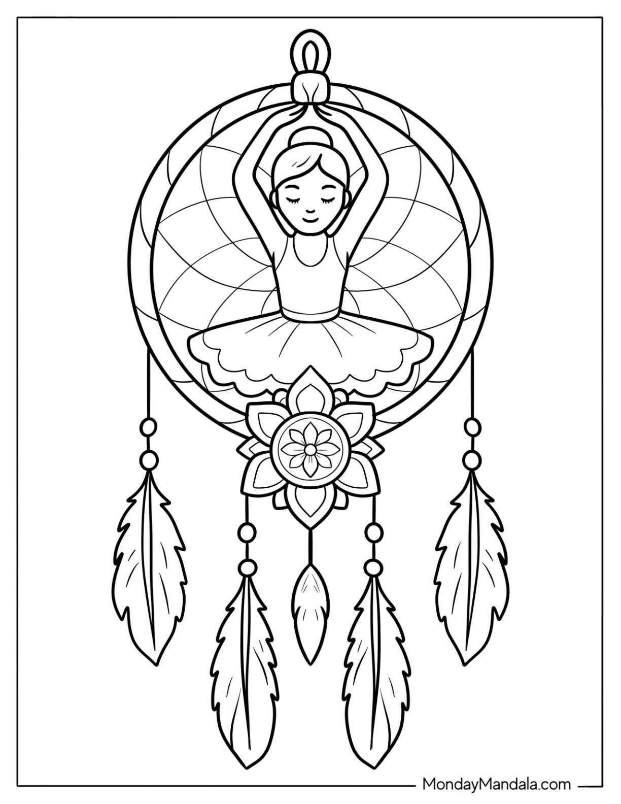 Ballerina Coloring Page of Ballet Dancer Inside Dreamcatcher with Feathers