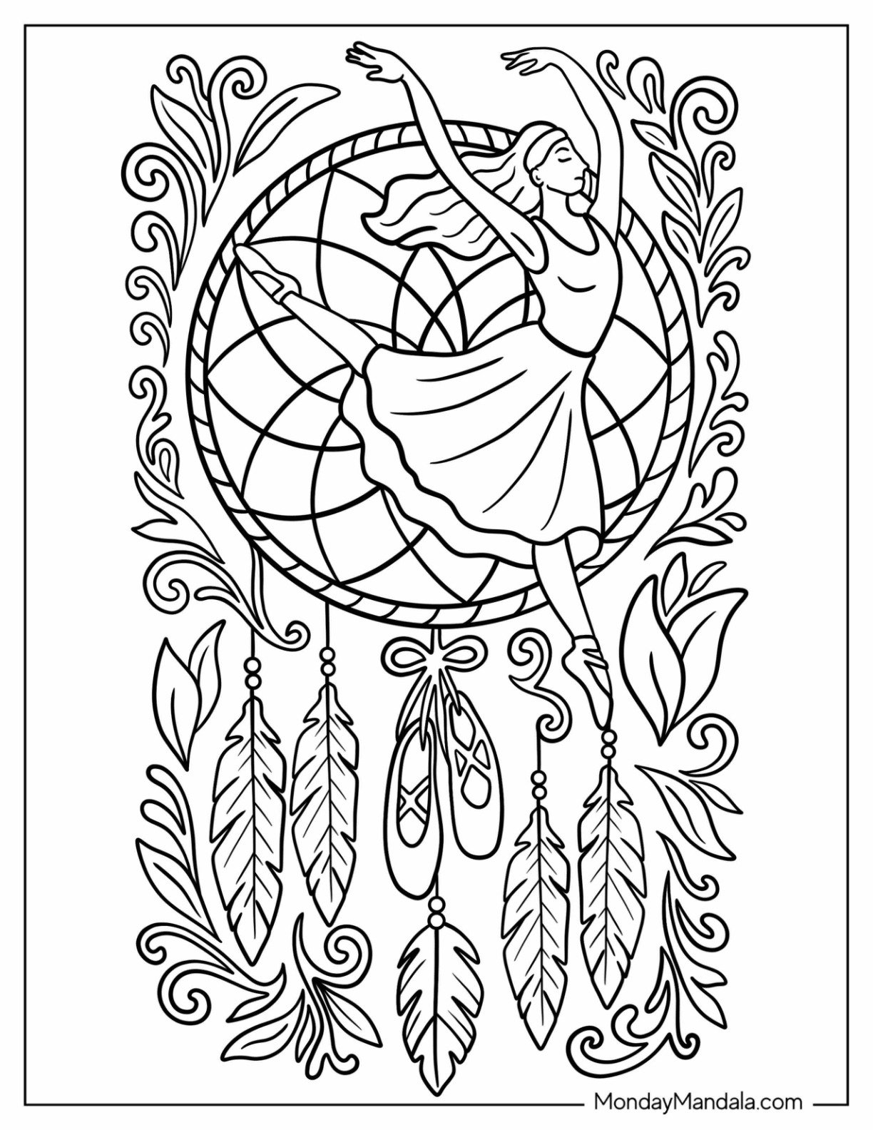 Ballet Dancer Leaping in Front of an Intricate Dreamcatcher Dancing Coloring Page