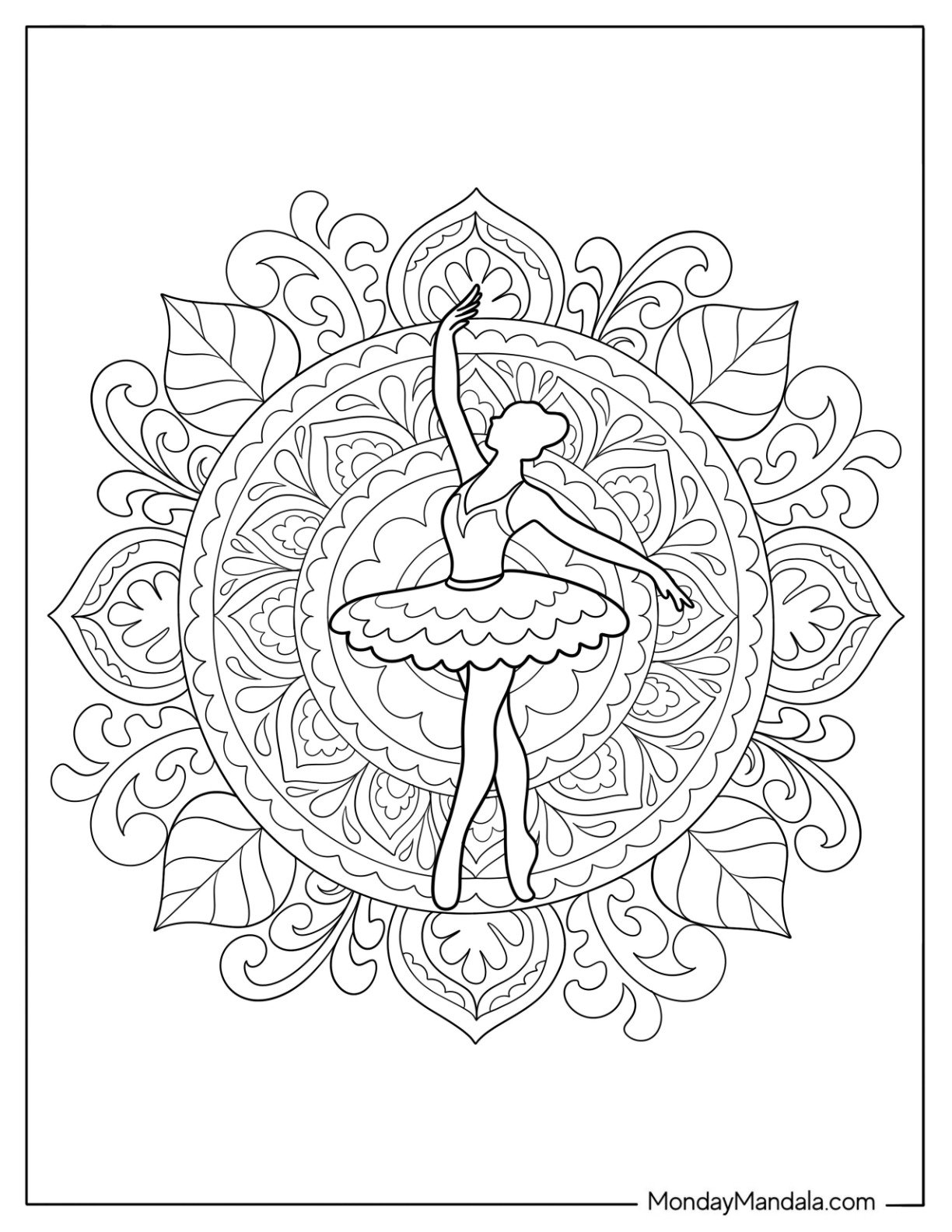 Ballerina Coloring Page of Ballet Dancer Striking a Pose in Floral Mandala Design For Adults