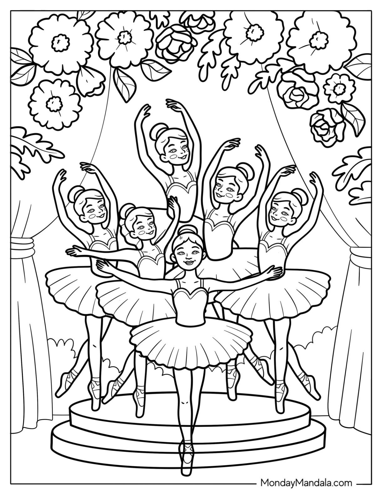 Ballerina Coloring Page of Ballet Troupe Performing a Graceful Routine in a Theater