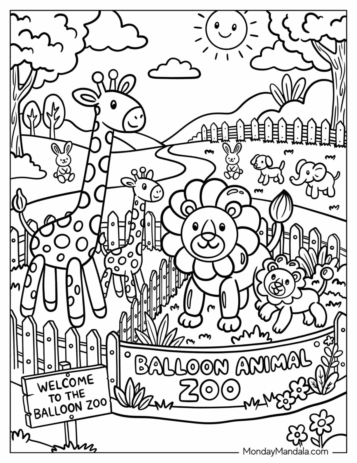 Balloon Animal Zoo with Giraffes and Lions Coloring Page