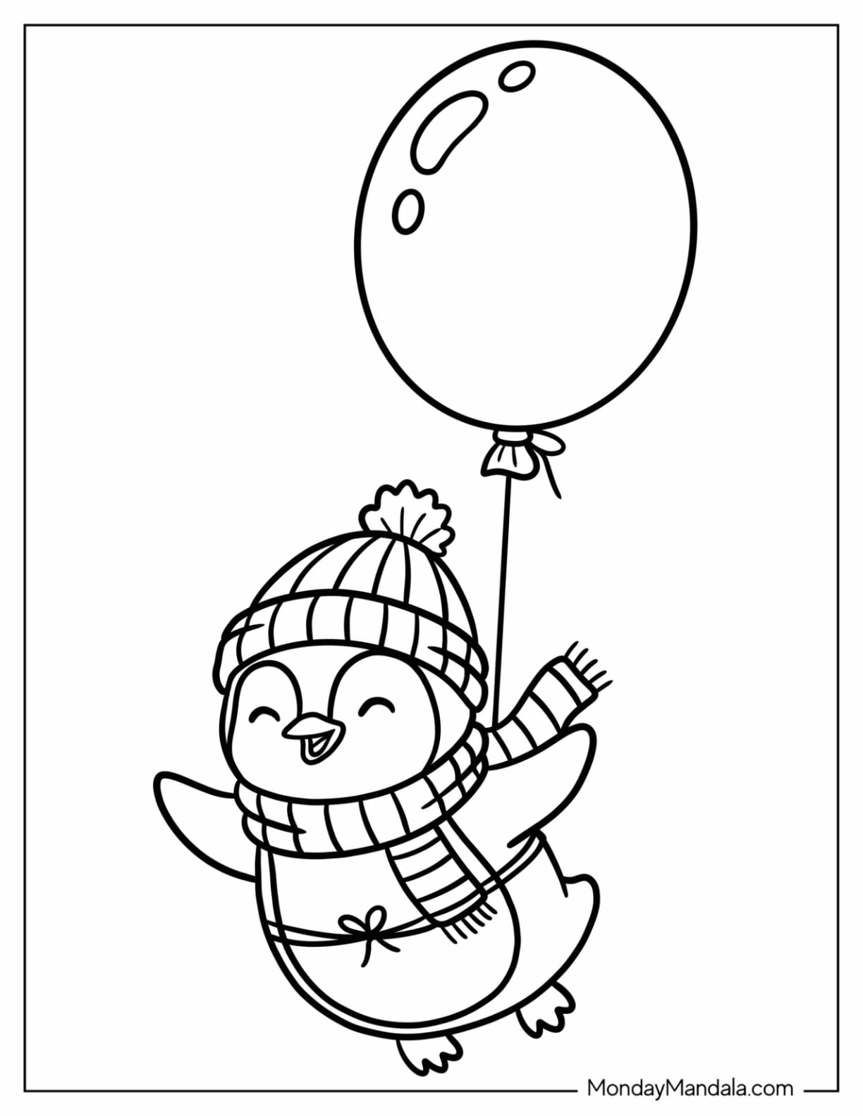 Balloon Tied Around a Happy Little Penguin Coloring Page for Kids
