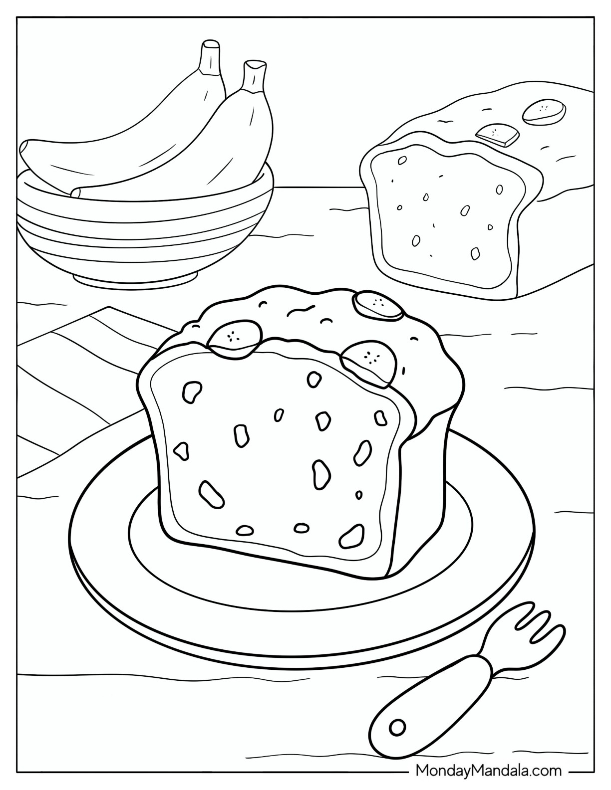 Banana Bread Slice on a Plate Coloring Page