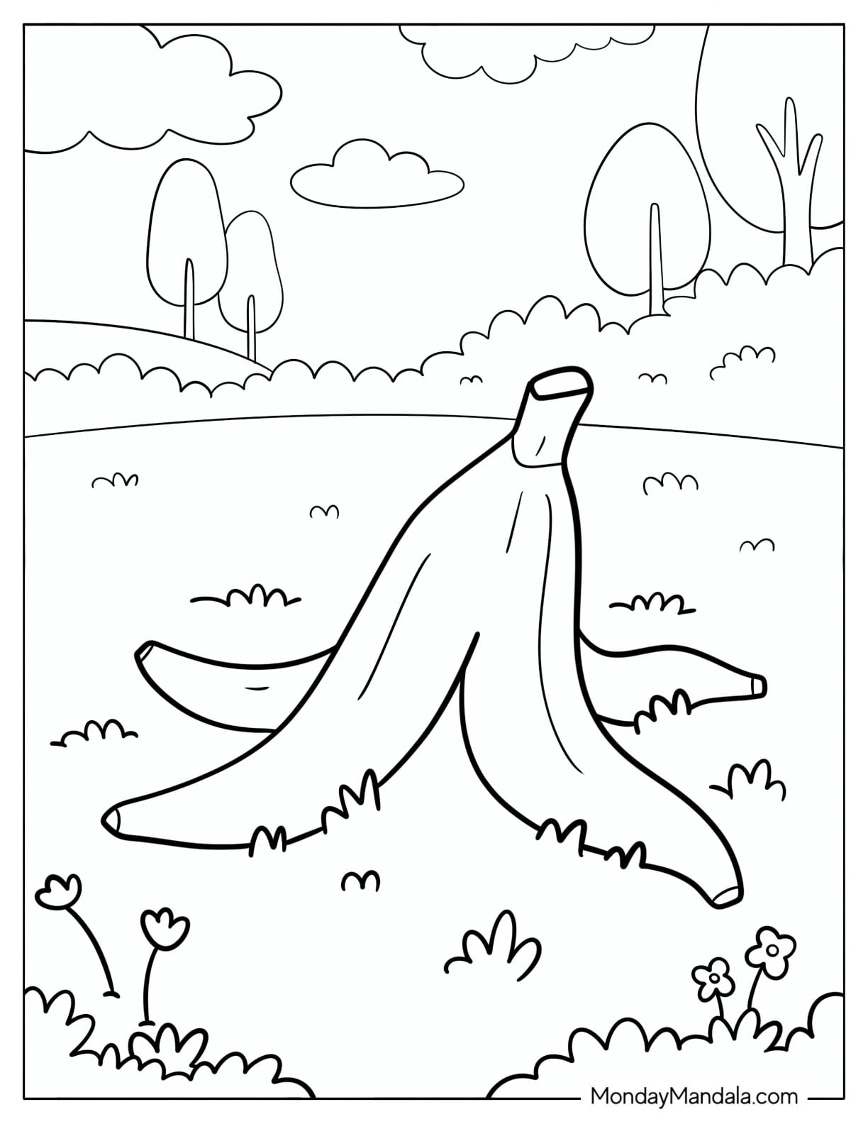 Banana Peel on the Grass Coloring Page for Kids