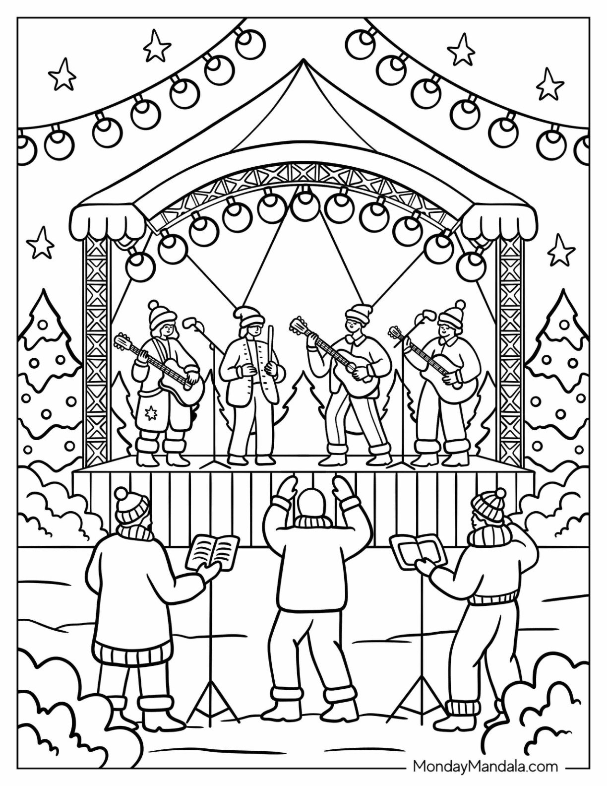 Band Performing on Outdoor Stage with Christmas Lights Coloring Page