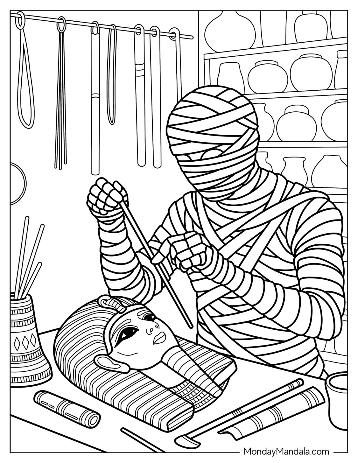 Bandaged Mummy Coloring Page Crafting a Pharaoh’s Death Mask in Artisan Room
