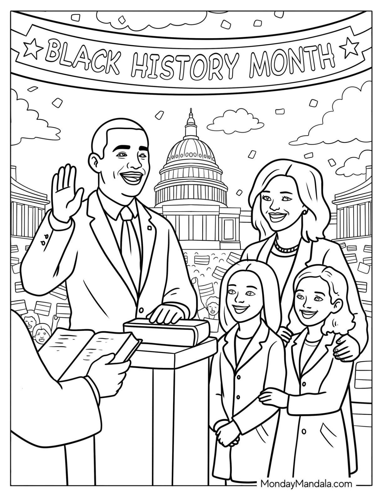 Black History Month Coloring Page of Barack Obama Being Sworn in as President