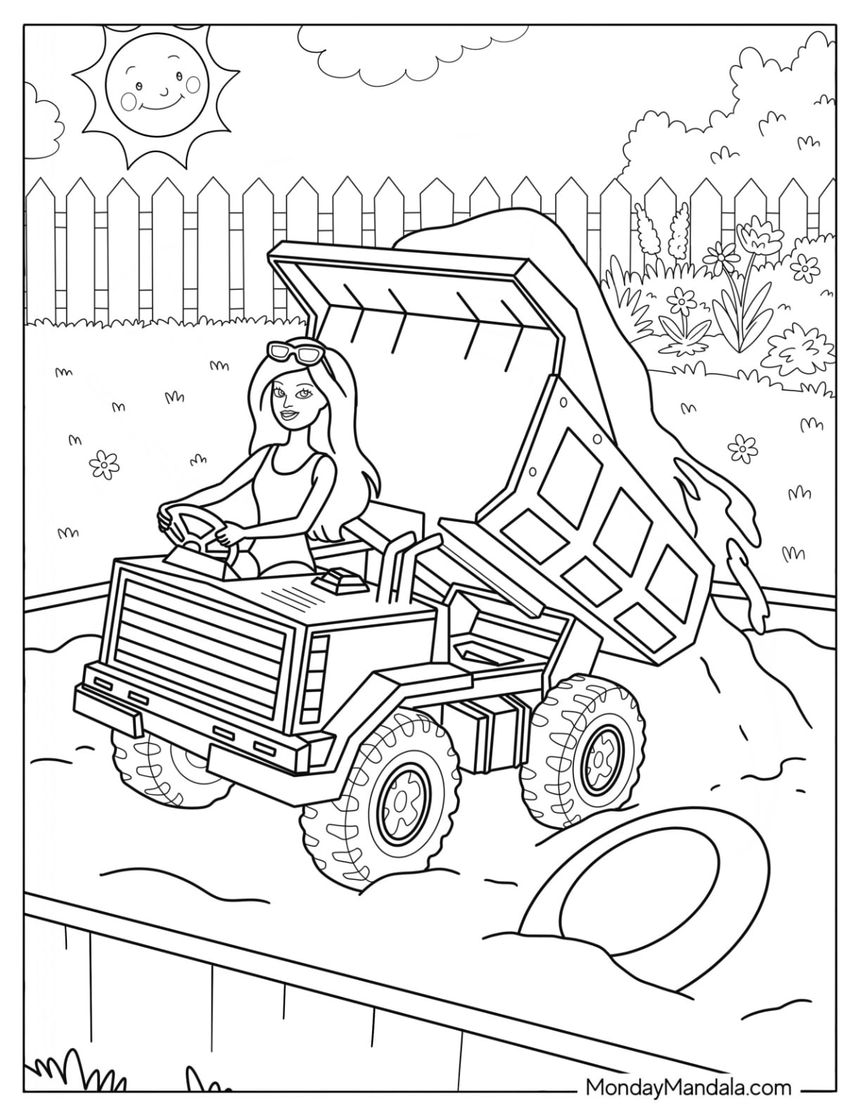 Toy Coloring Page of Barbie Riding a Toy Dump Truck in the Sandbox