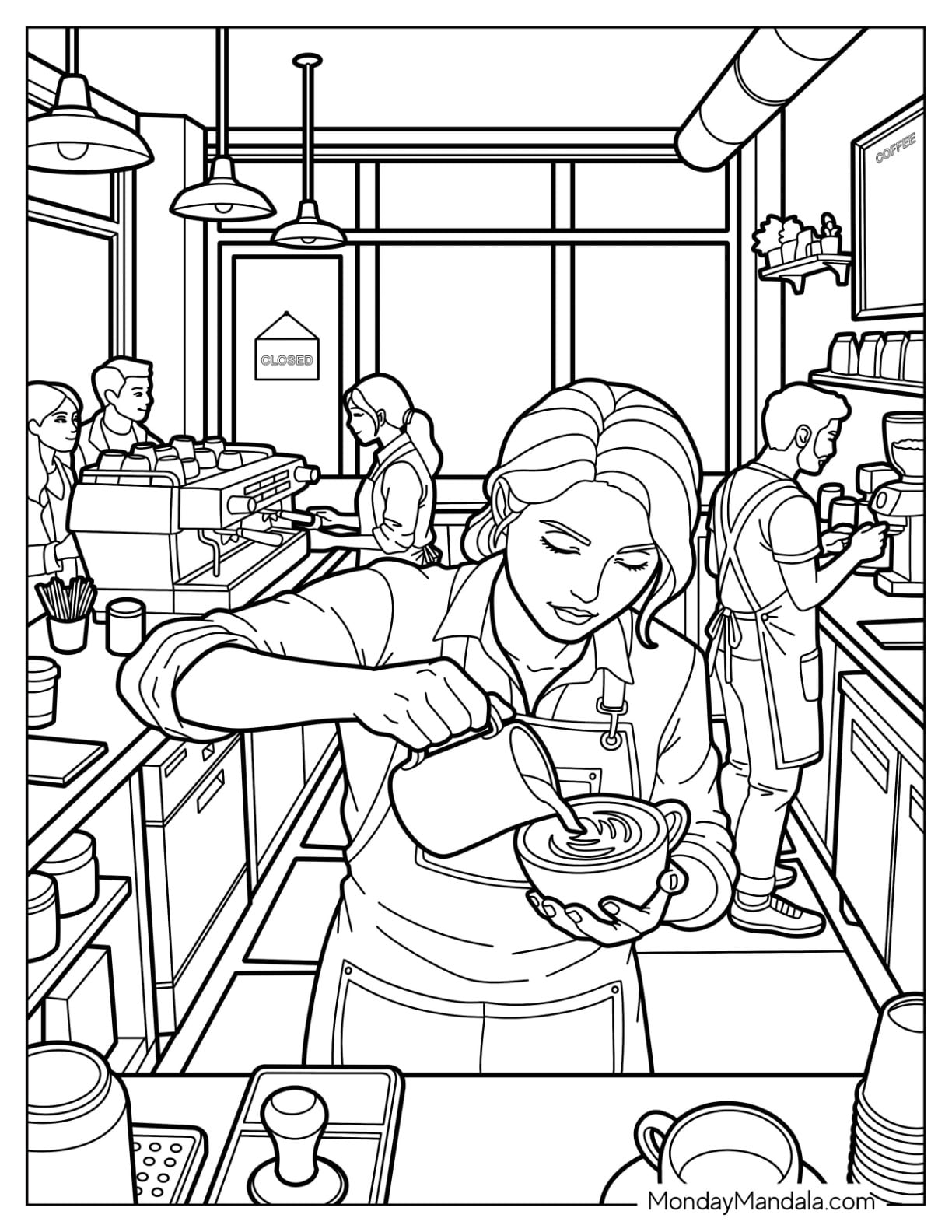 Barista Pouring Latte Art in a Busy Coffee Shop