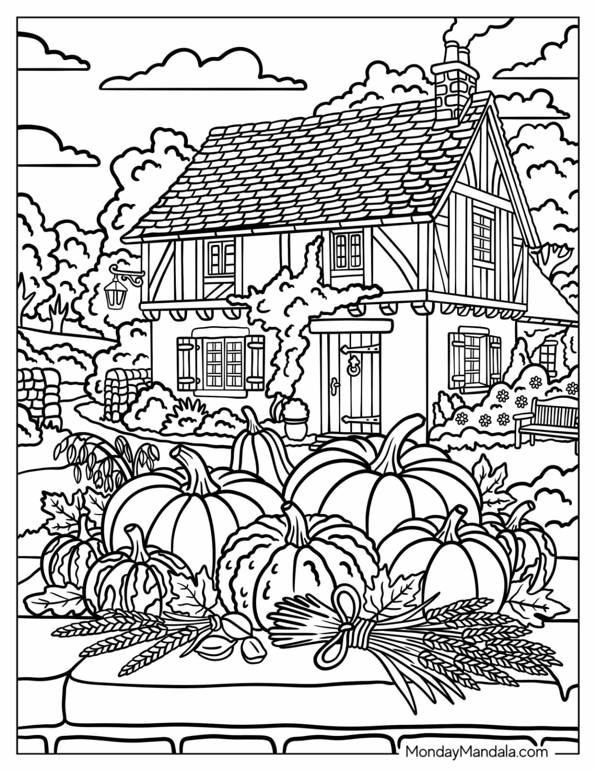 Barn House with a Pretty Pumpkin Patch Coloring Page