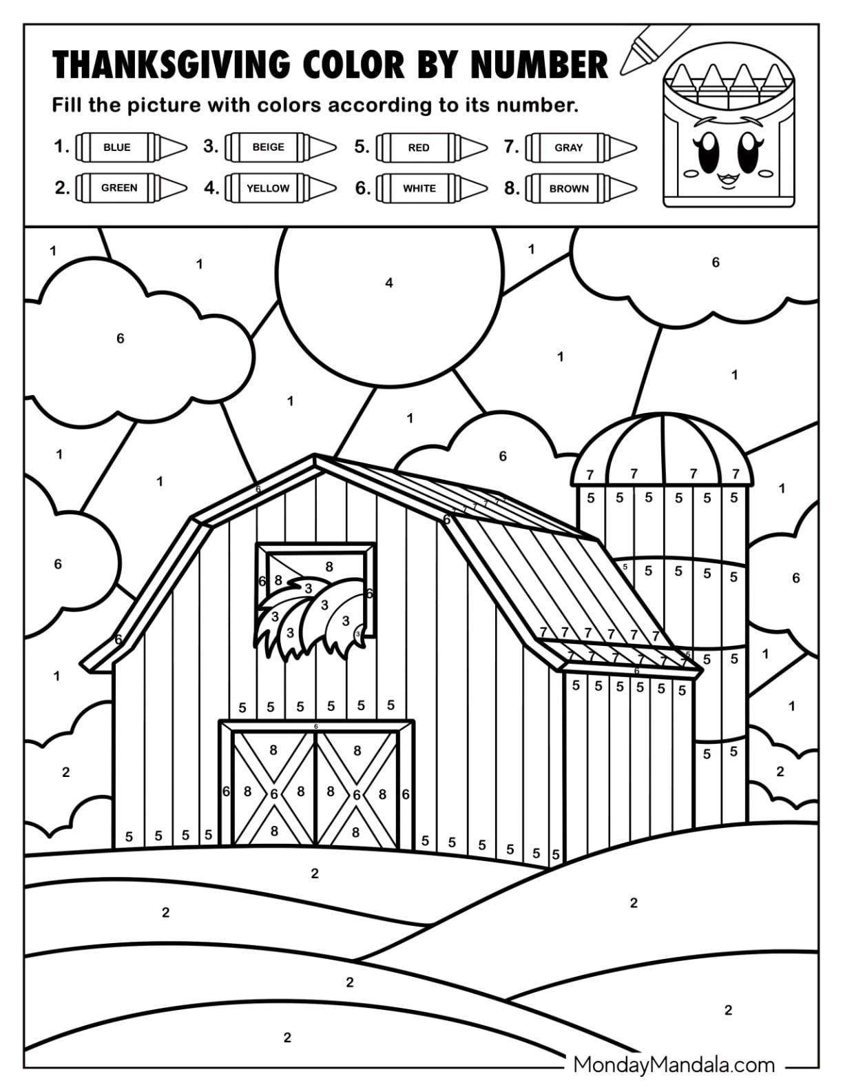 Barn with Silo Thanksgiving Color By Number