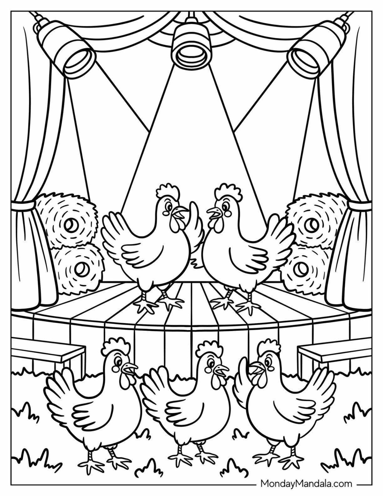 Barnyard Chicken Coloring Page Dance Party with Hay Bales for Kids