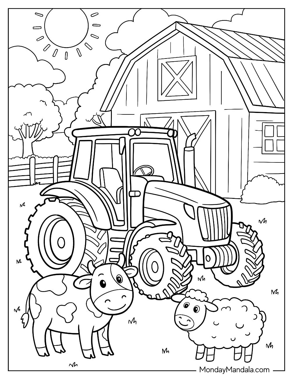 Barnyard Tractor Coloring Page with Friendly Cow and Fluffy Sheep