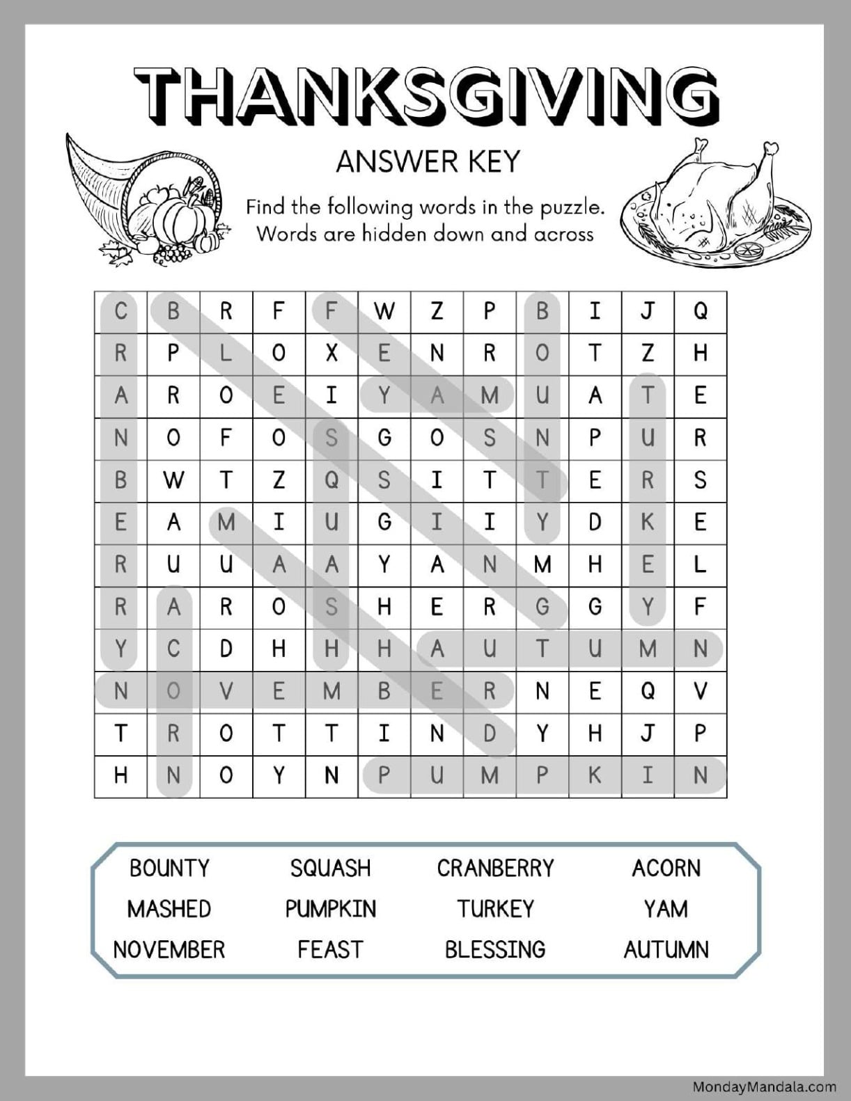 Basic Thanksgiving Word Search Answer Key