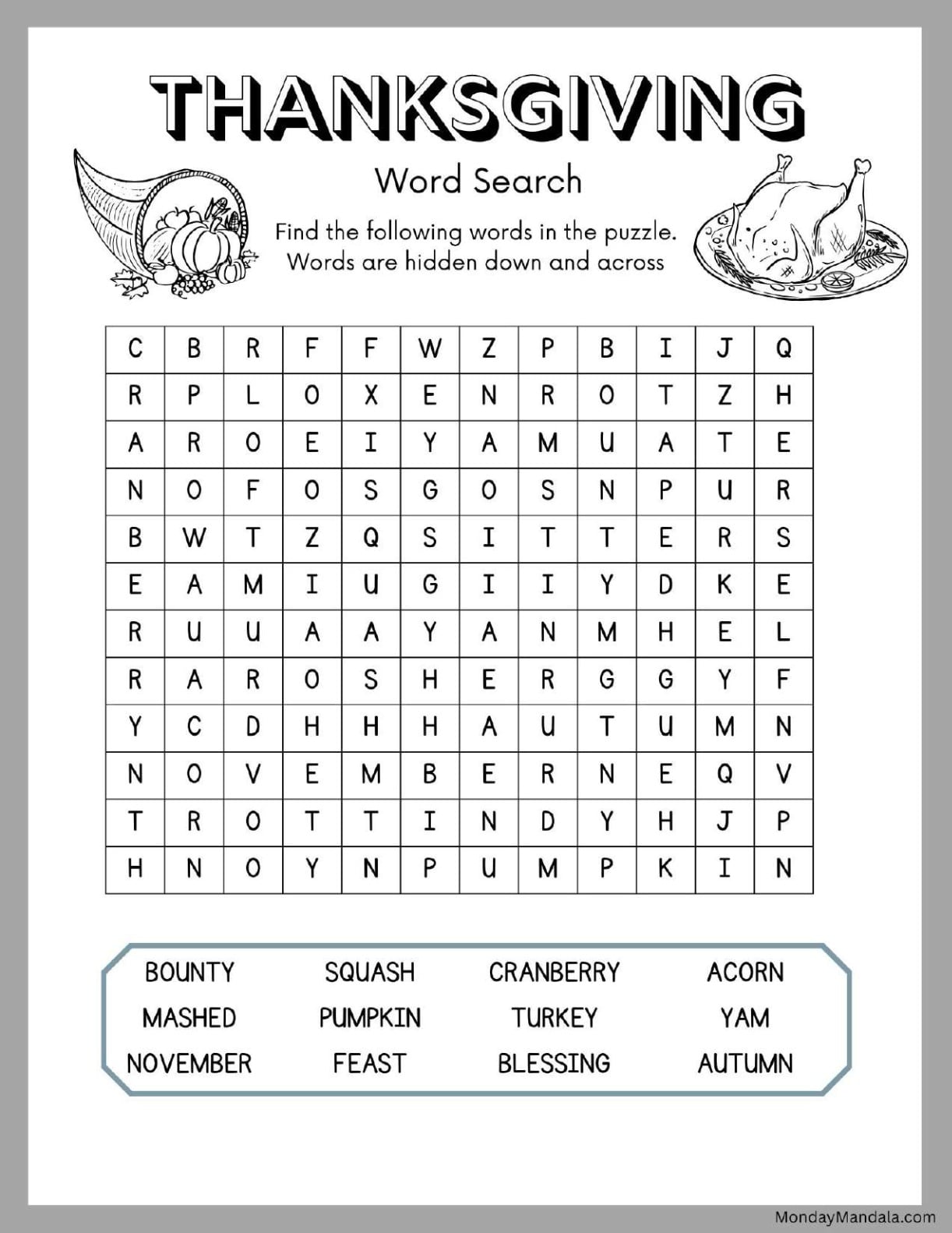 Basic Thanksgiving Word Search