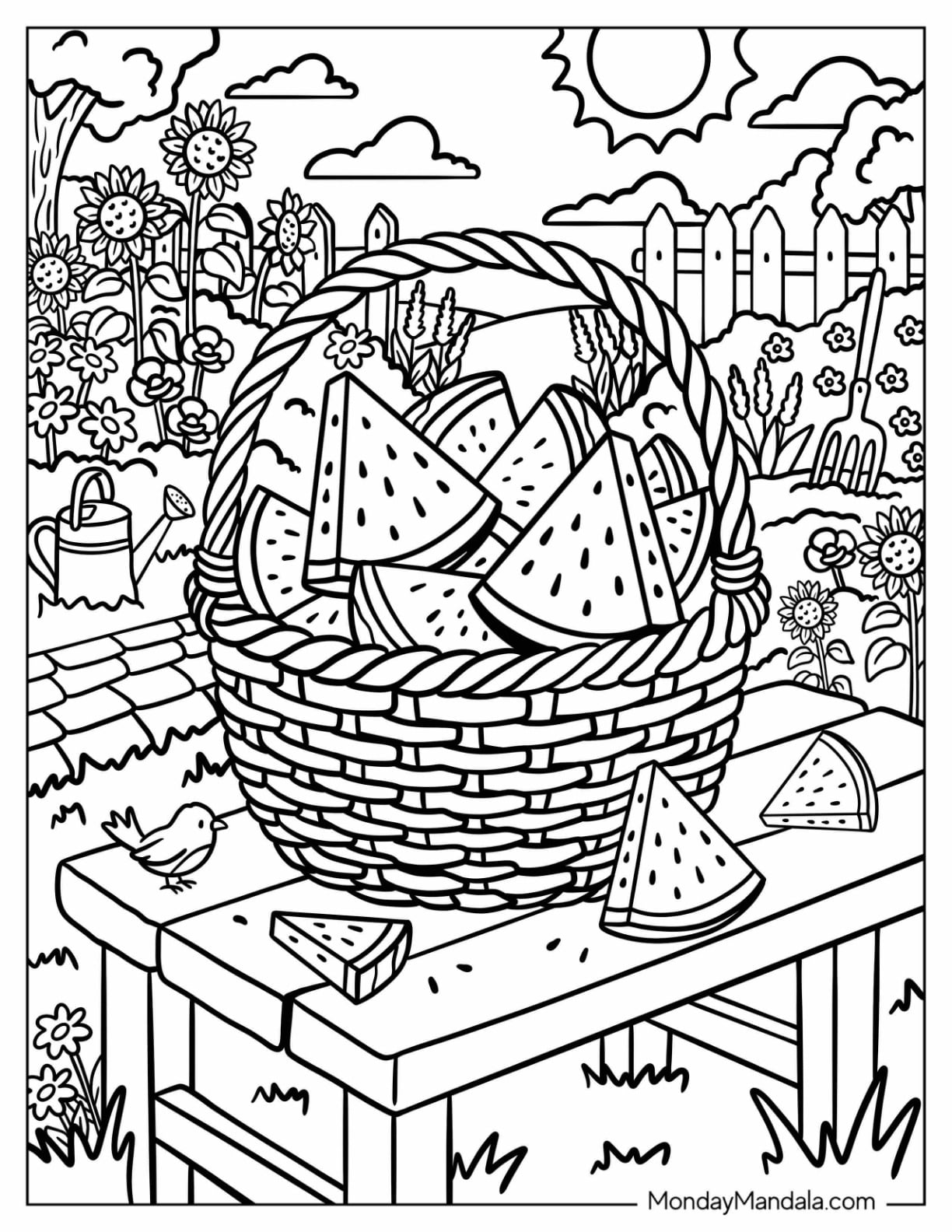 Basket of Watermelon Slices on a Garden Table Coloring Page