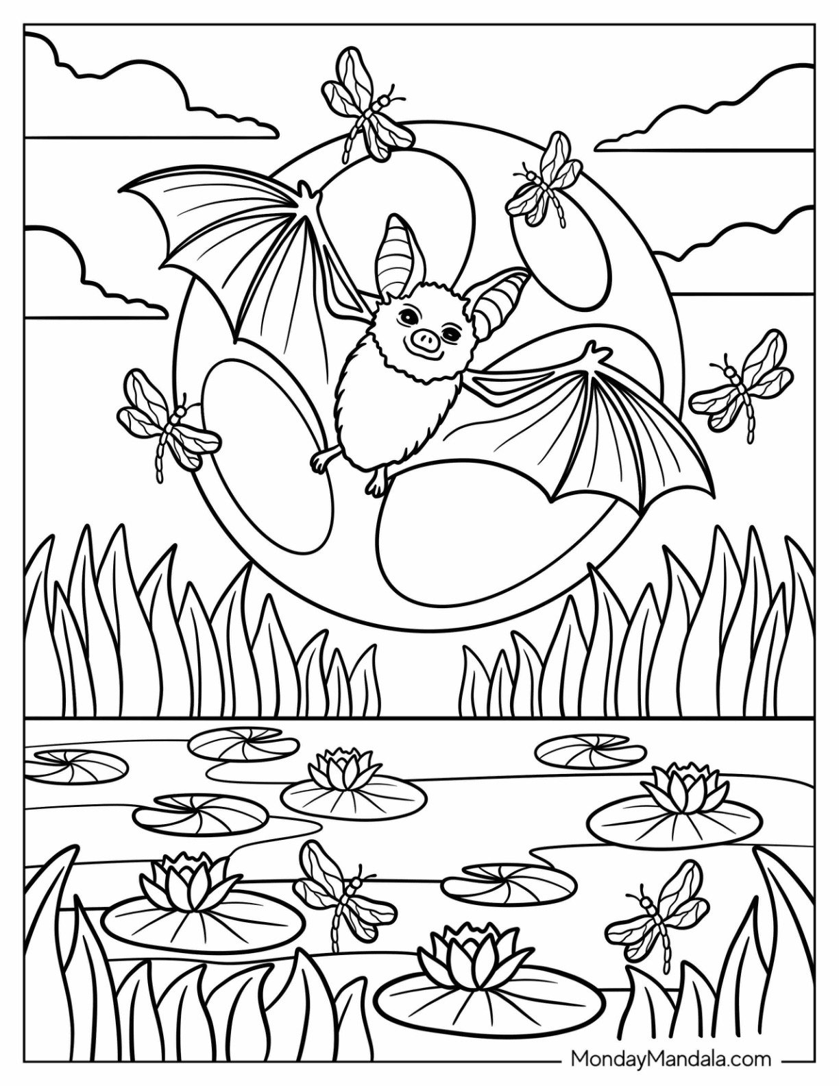 Bat Coloring Page Flying Over a Pond with Lily Pads and Dragonflies