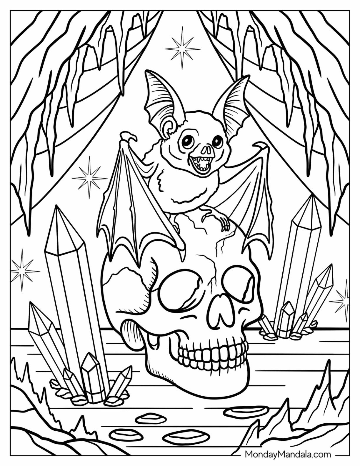 Bat Coloring Page Sitting on a Skull in a Cave with Crystals