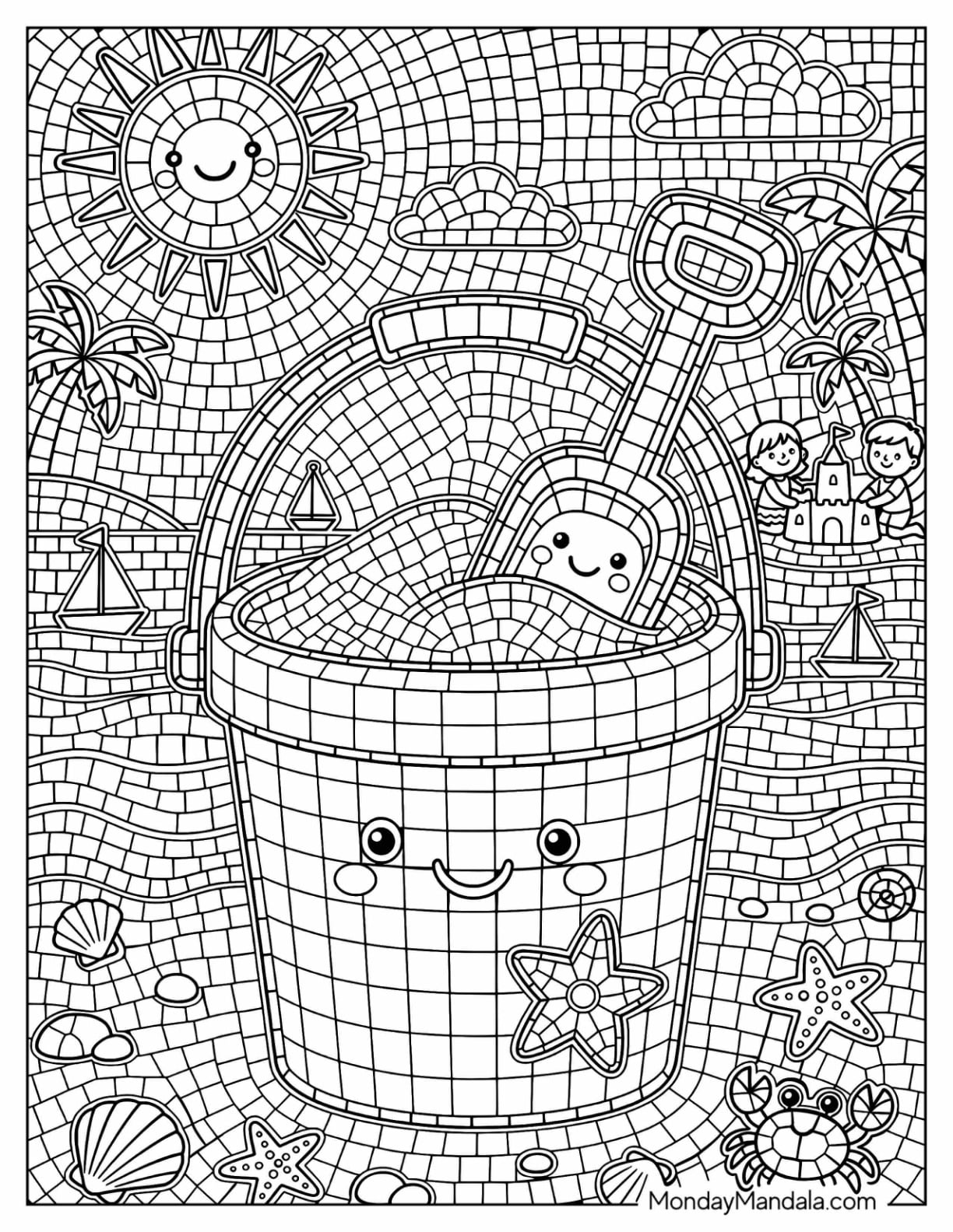 Beach Bucket and Shovel by the Ocean Mosaic Coloring Page