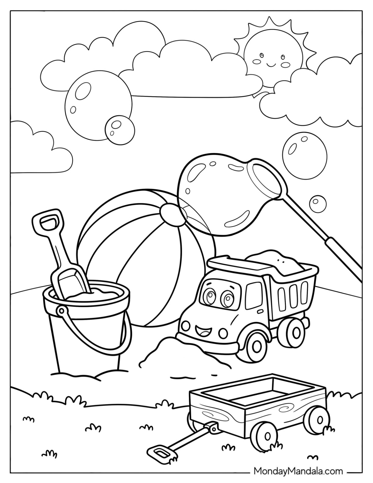 Beach Toy Coloring Page of and Dump Truck in the Sand for Kids