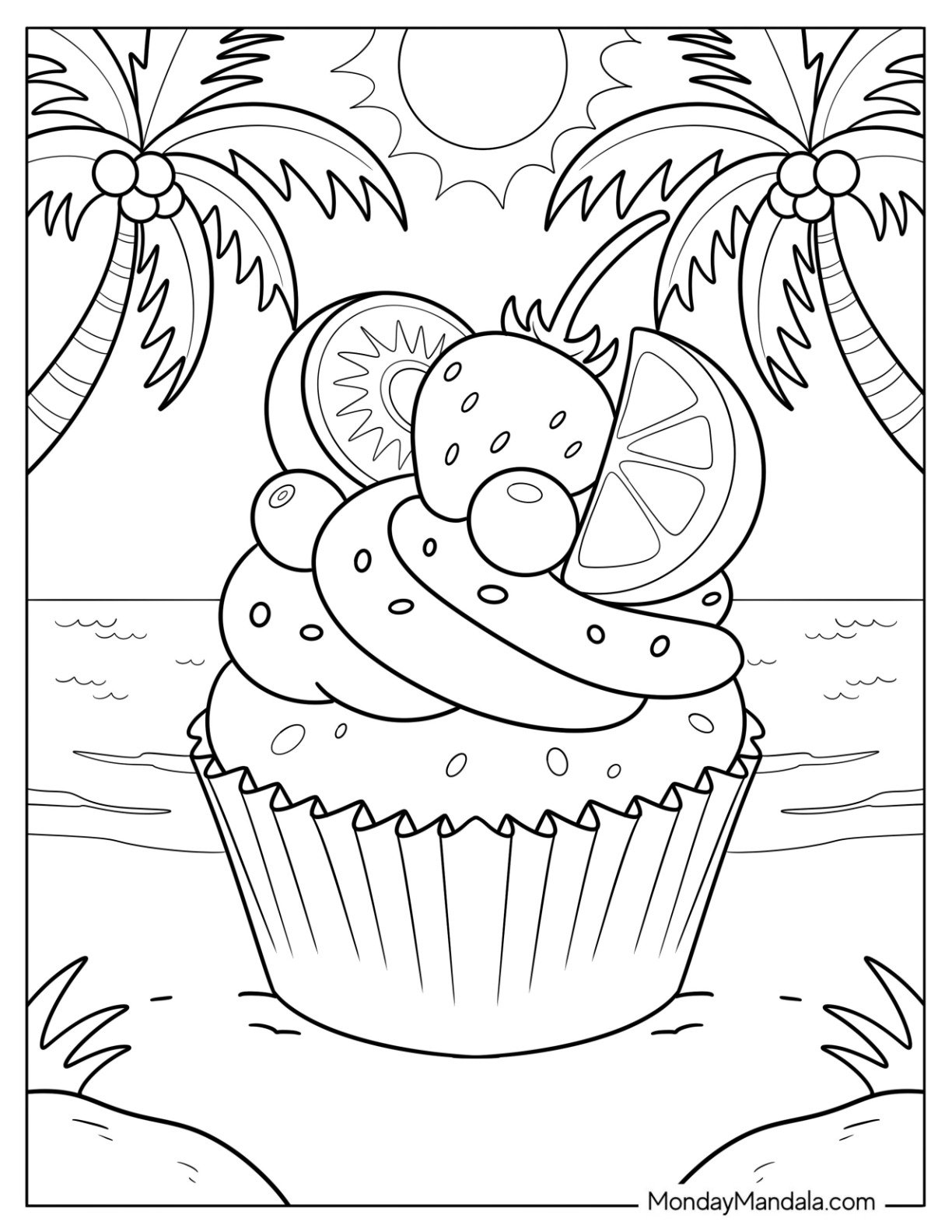Beachside Cupcake Coloring Page with Tropical Fruits and Palm Trees